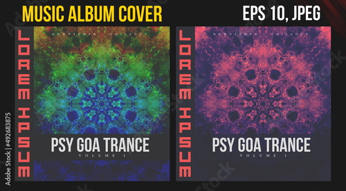 Music Album Cover Art. Abstract Vector Design of CD Cover and Vinyl Record. Electronic Music Album Presentation. Futuristic Color Visual Elements. Geometric Motion Background and Texture.