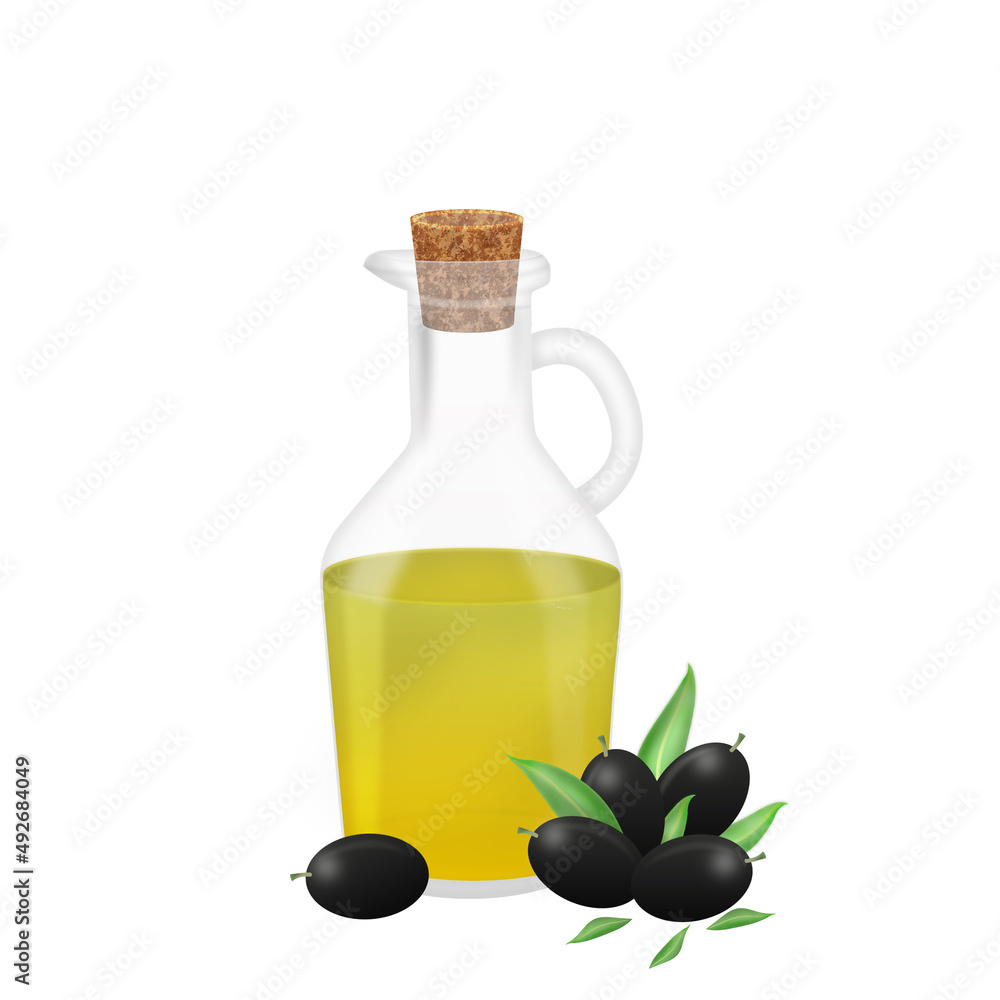 Bottle of olive oil with black olives Bottle of olive oil with black olives