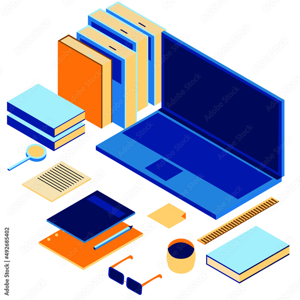 Minimalist desktop. Computer, books and notebooks for study and work. Stationery for study and work. Collection of office and study supplies Minimalist desktop. Computer, books and notebooks for study and work. Stationery for study and work. Collection of office and study supplies