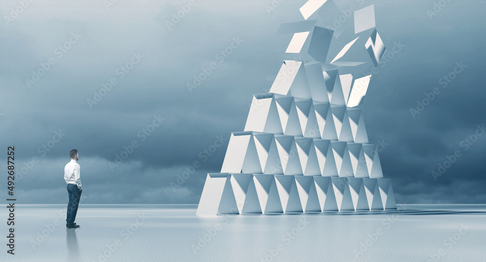 Obraz premium House of cards crisis concept. 3d illustration