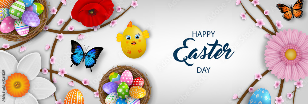 Happy easter background with decorated eggs in the nest, flowers and butterflies Happy easter background with decorated eggs in the nest, flowers and butterflies