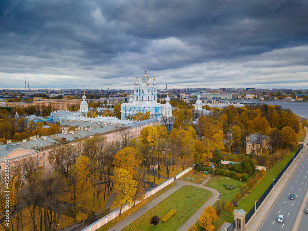 beautiful aerial shot from a drone Smolny Cathedral Saint-Petersburg