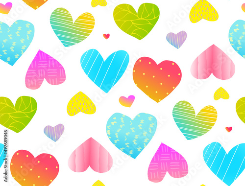 Abstract hearts seamless pattern in watercolor style, textured heart shapes repeat for wrapping paper design. Valentine day or love project wallpaper. Colorful bright modern vector design.