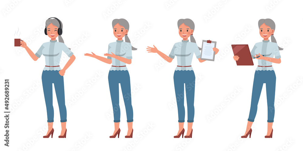 Obraz premium Set of office woman character vector design. Presentation in various action. People working in office planning, thinking and economic analysis.