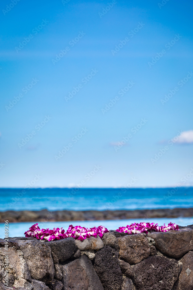Fresh Lei Flowers Necklace onshore beach, Kauai Hawaiian Island Tropical Vacation Background. Hawaii Luau Icon Travel Concept. Selective focus. Fresh Lei Flowers Necklace onshore beach, Kauai Hawaiian Island Tropical Vacation Background. Hawaii Luau Icon Travel Concept. Selective focus.