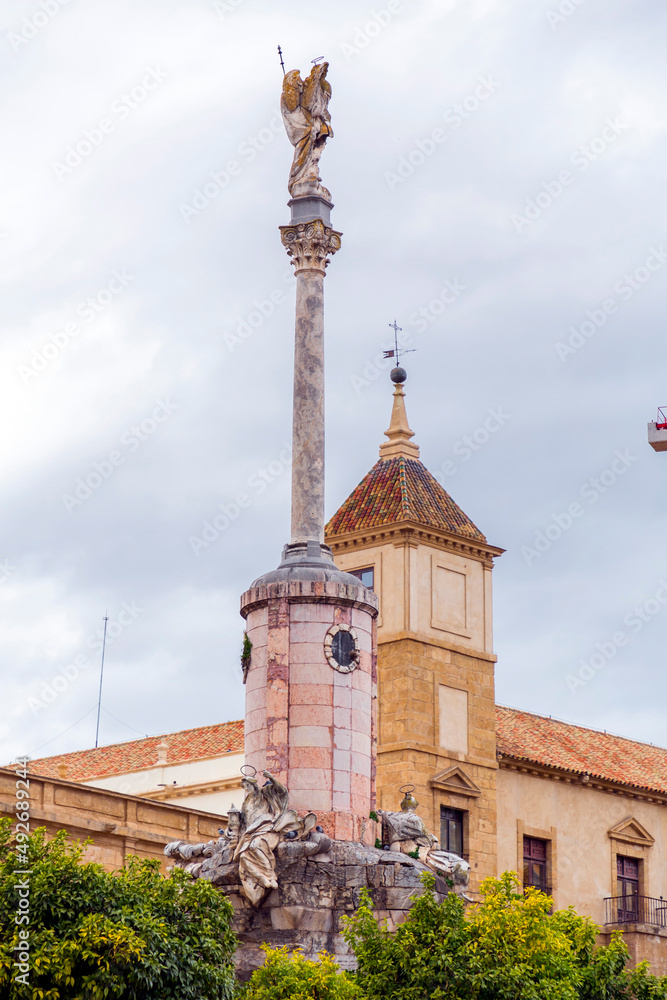 Column and statue commemorating the triumph of Saint Raphael situated in Plaza del Triunfo, Cordoba