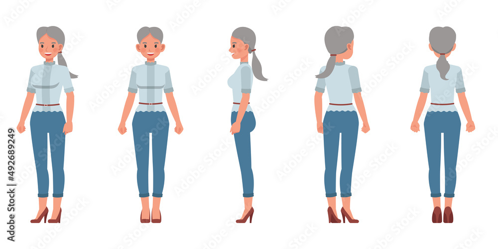 Set of office woman character vector design. Presentation in various action. People working in office planning, thinking and economic analysis.