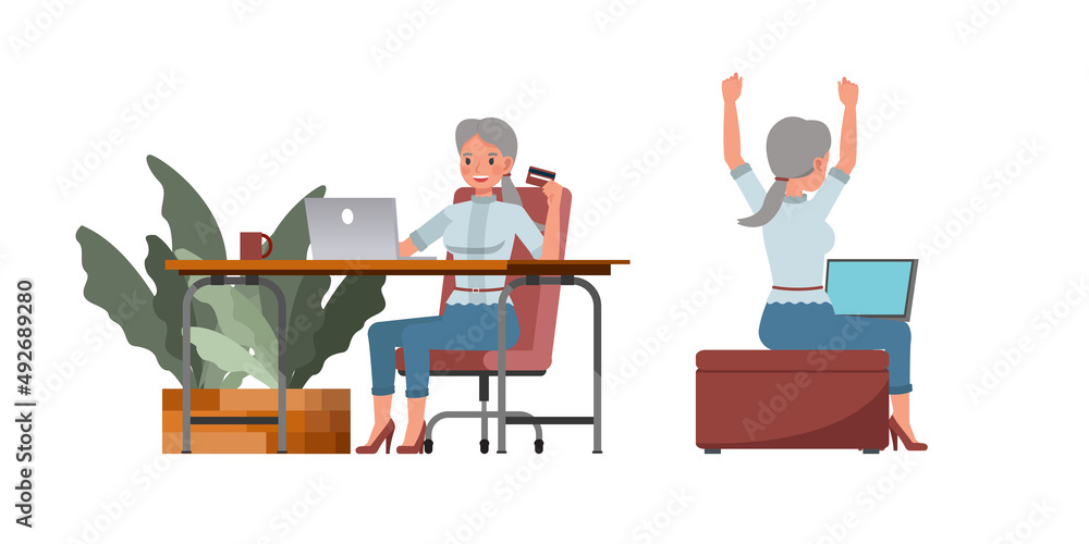 Set of office woman character vector design. Presentation in various action. People working in office planning, thinking and economic analysis. Set of office woman character vector design. Presentation in various action. People working in office planning, thinking and economic analysis.