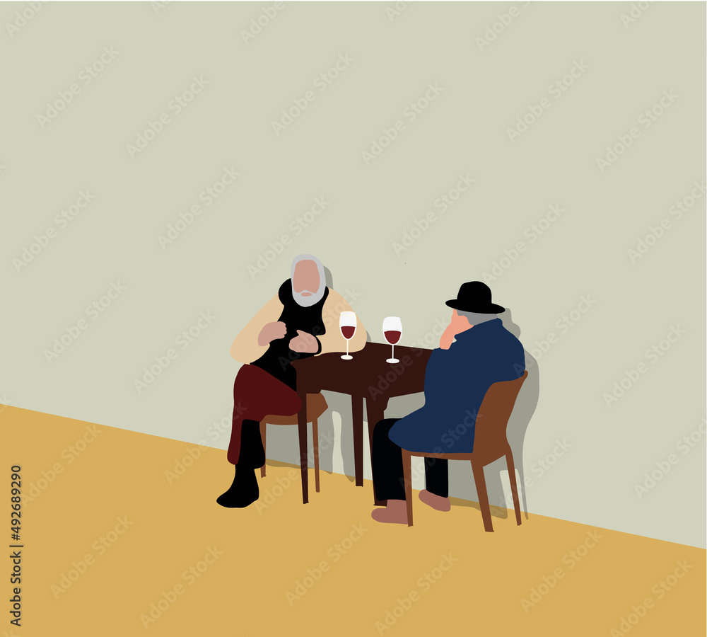 Two spending time on the cafe summer talking and drinking wine. The concept of active old age. Flat vector characters. Two spending time on the cafe summer talking and drinking wine. The concept of active old age. Flat vector characters.