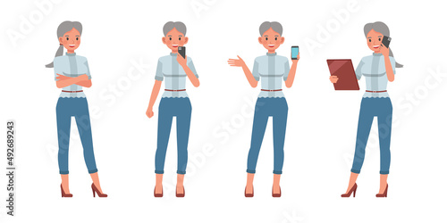 Set of office woman character vector design. Presentation in various action. People working in office planning, thinking and economic analysis. © yindee