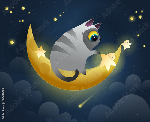 Cat sitting on golden moon and shiny stars sleeping, nighttime background with clouds stars and a crescent. Cute kitten and the moon lullaby wallpaper. Vector illustration for children and kids.