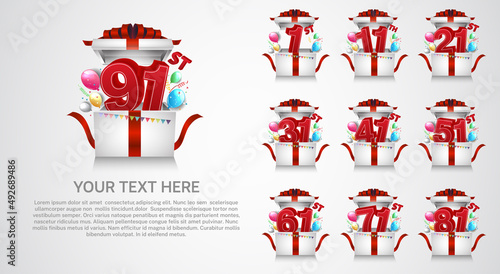 set anniversary logotype premium collection red color inside box and balloons isolated on white background
