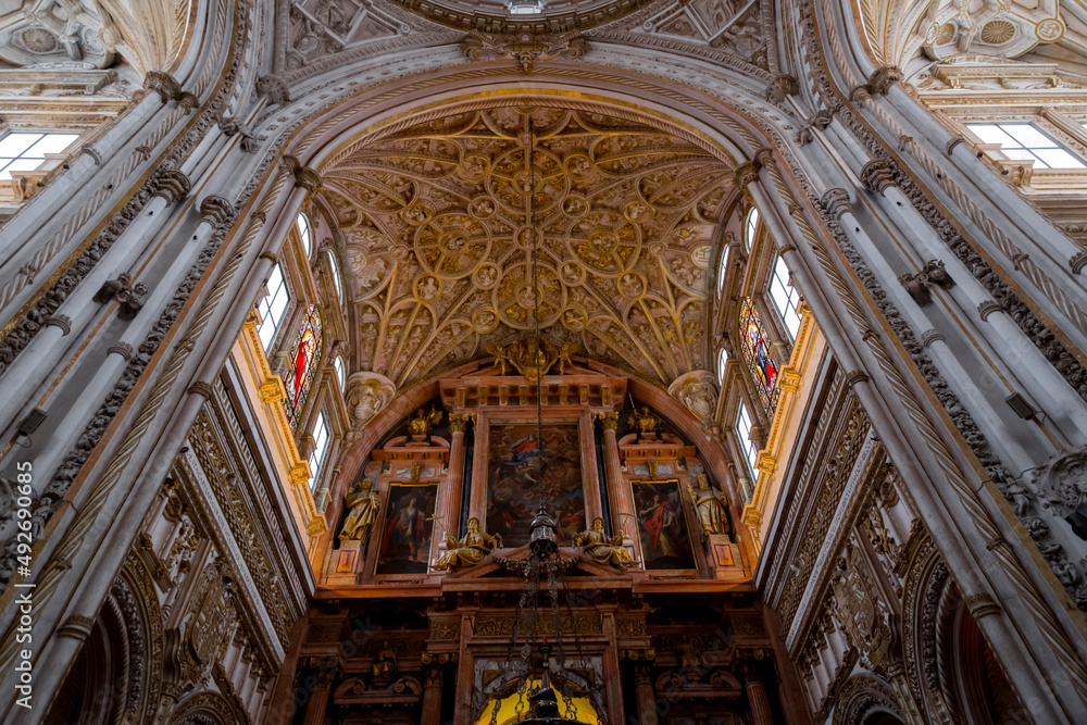 Interior view and decorative detail from the magnificent Mosque of Cordoba