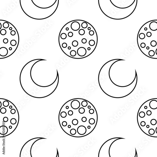 full moon and crescent outline seamless pattern on white background