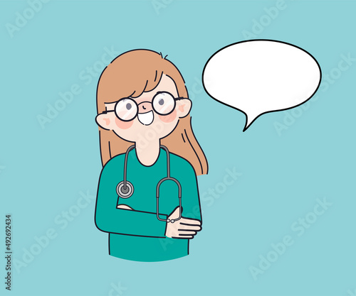 Hand drawn doctor in uniform with bubble speech clipart gesture character.