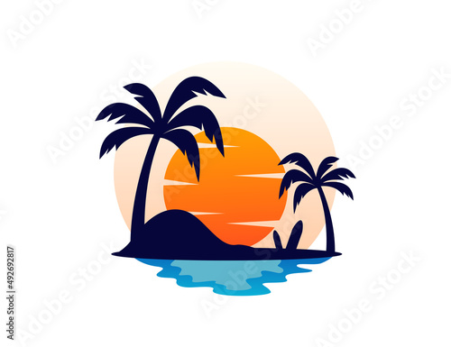 Palm tree with sunset logo illustration