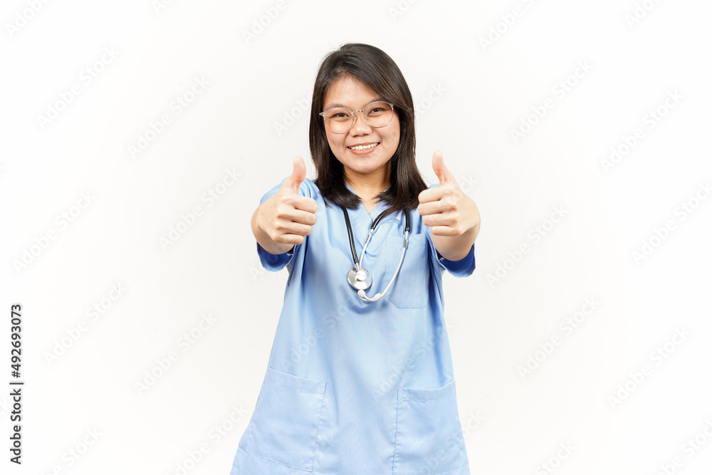 Showing Thumbs Up Of Asian Young Doctor Isolated On White Background Showing Thumbs Up Of Asian Young Doctor Isolated On White Background