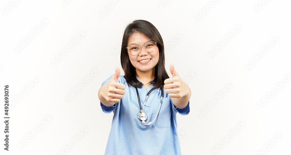 Showing Thumbs Up Of Asian Young Doctor Isolated On White Background Showing Thumbs Up Of Asian Young Doctor Isolated On White Background