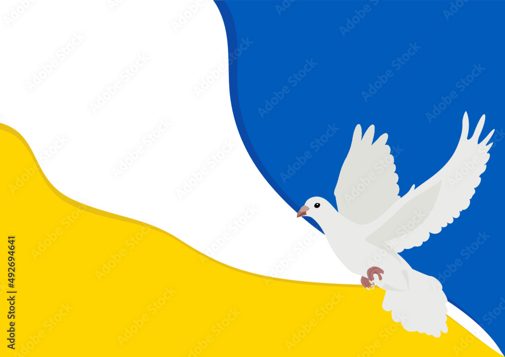 Gołąbek pokoju wzlatujący nad rozdzieraną flagą Ukrainy. Powiedz "NIE" wojnie. Modlitwa za Ukrainę. Ilustracja wektorowa niebieska i żółta. - obrazy, fototapety, plakaty 