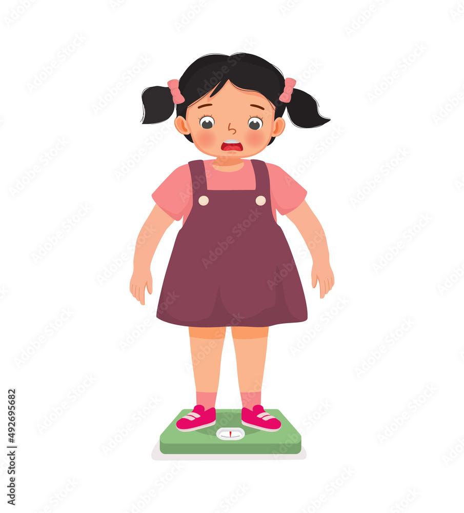 overweight cute little girl with body fat standing on the weighing scale  look surprise when measuring her weight Stock Vector