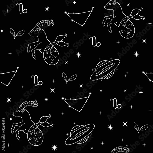 Seamless pattern. Vector illustration.
Capricorn zodiac sign. Constellation of capricorn. Planet, star, sign and element