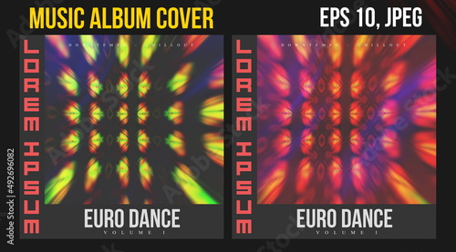 Music Album Cover Art. Abstract Vector Design of CD Cover and Vinyl Record. Electronic Music Album Presentation. Futuristic Color Visual Elements. Geometric Motion Background and Texture.