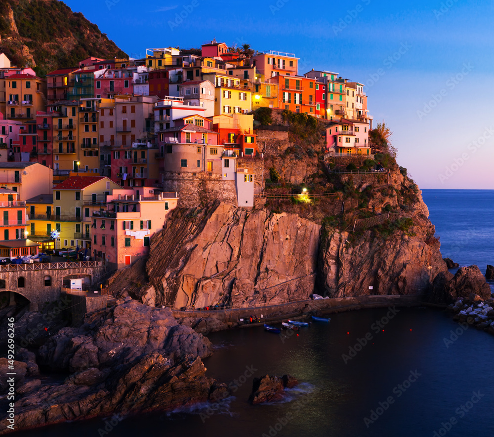 Picture of Manarola La Spezia city with small villages at evening, Italy