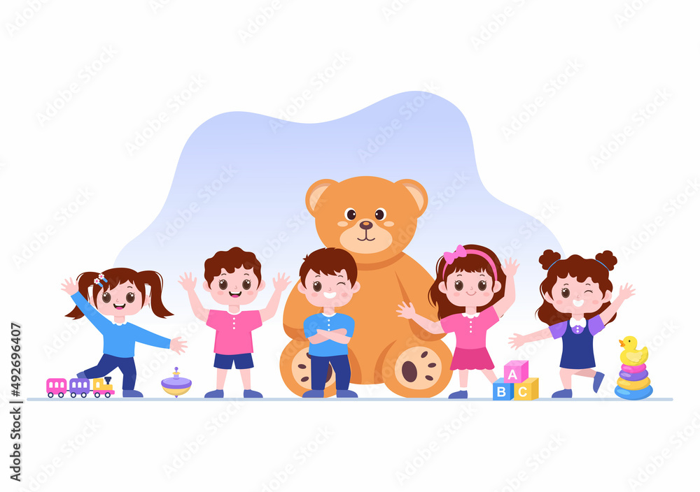 Cute Children Playing with Various Toy at Kindergarten in Flat Cartoon Style Illustration. Interior of Playroom for fun and Gaming