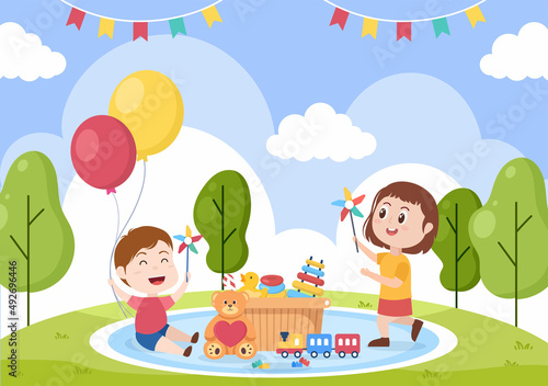 Fototapeta Naklejka Na Ścianę i Meble -  Cute Children Playing with Various Toy at Kindergarten in Flat Cartoon Style Illustration. Interior of Playroom for fun and Gaming