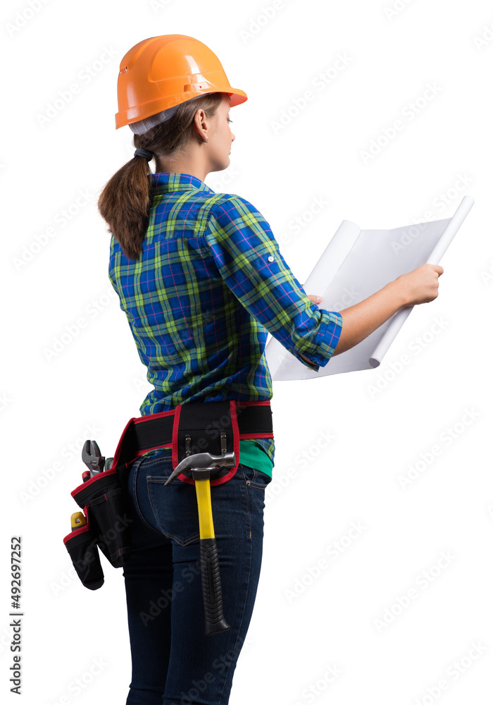 Young engineer in hard hat with blueprint Young engineer in hard hat with blueprint