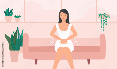 Beautiful woman having stomach ache suffering from stomach pain , constipation, menstrual pain vector illustration. Health concept background