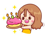 Cute girl holding cake bakery restaurant logo concept cartoon character hand draw art illustration