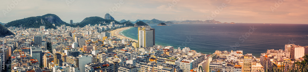 Panorama of Rio de Janeiro with Copacabana Beach, Brazil. Light leak effect