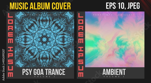 Music Album Cover Art. Abstract Vector Design of CD Cover and Vinyl Record. Electronic Music Album Presentation. Futuristic Color Visual Elements. Geometric Motion Background and Texture.