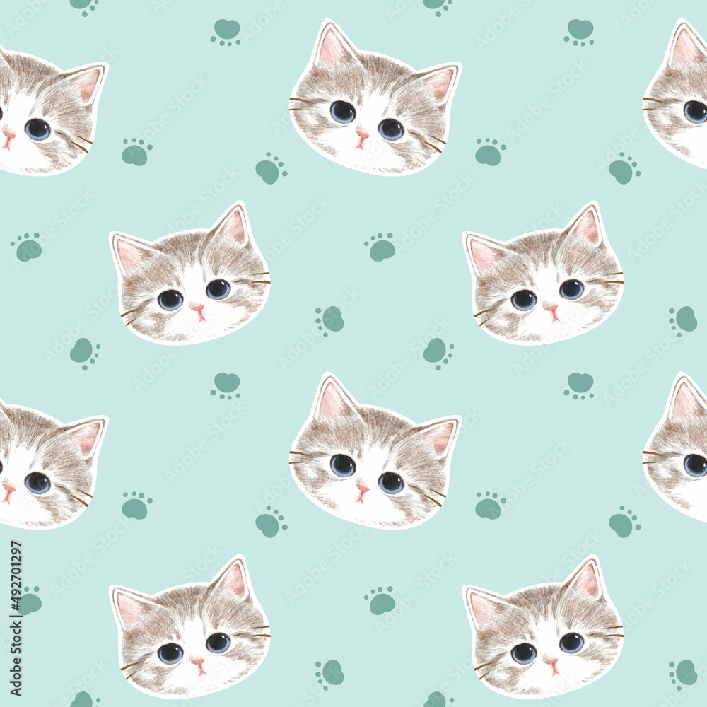 Seamless Pattern with Cute Cat Face and Paw Design on Pastel Green Background