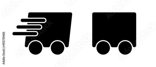 Fast grocery delivery. Courier shipping transport design in the form of a graphic logo and icon for stores and businesses. Isolated on white background. Vector illustration