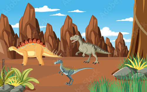 Nature scene with trees on mountains with dinosaur