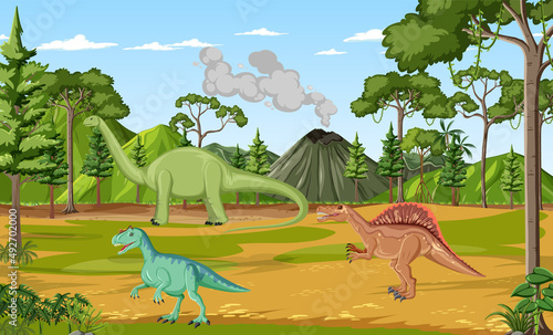 Scene with dinosaurs in the forest