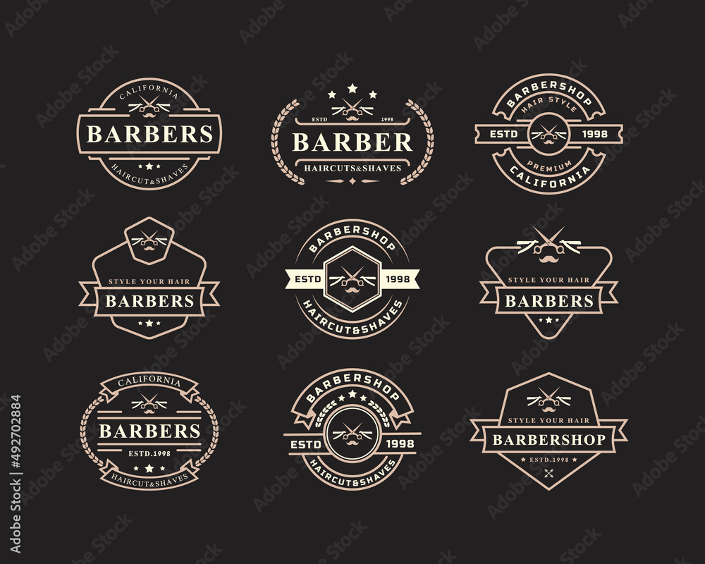 Fototapeta premium Set of Vintage Retro Badge for Barber Shop Flourish and Calligraphic Typographic Logo Design Inspiration