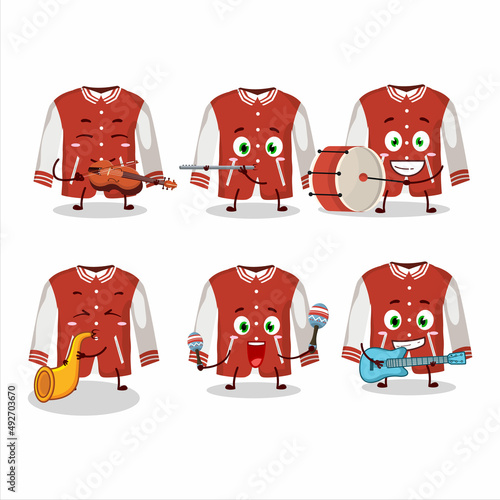 Cartoon character of red baseball jacket playing some musical instruments