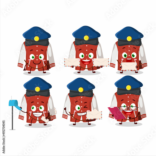 A picture of cheerful red baseball jacket postman cartoon design concept