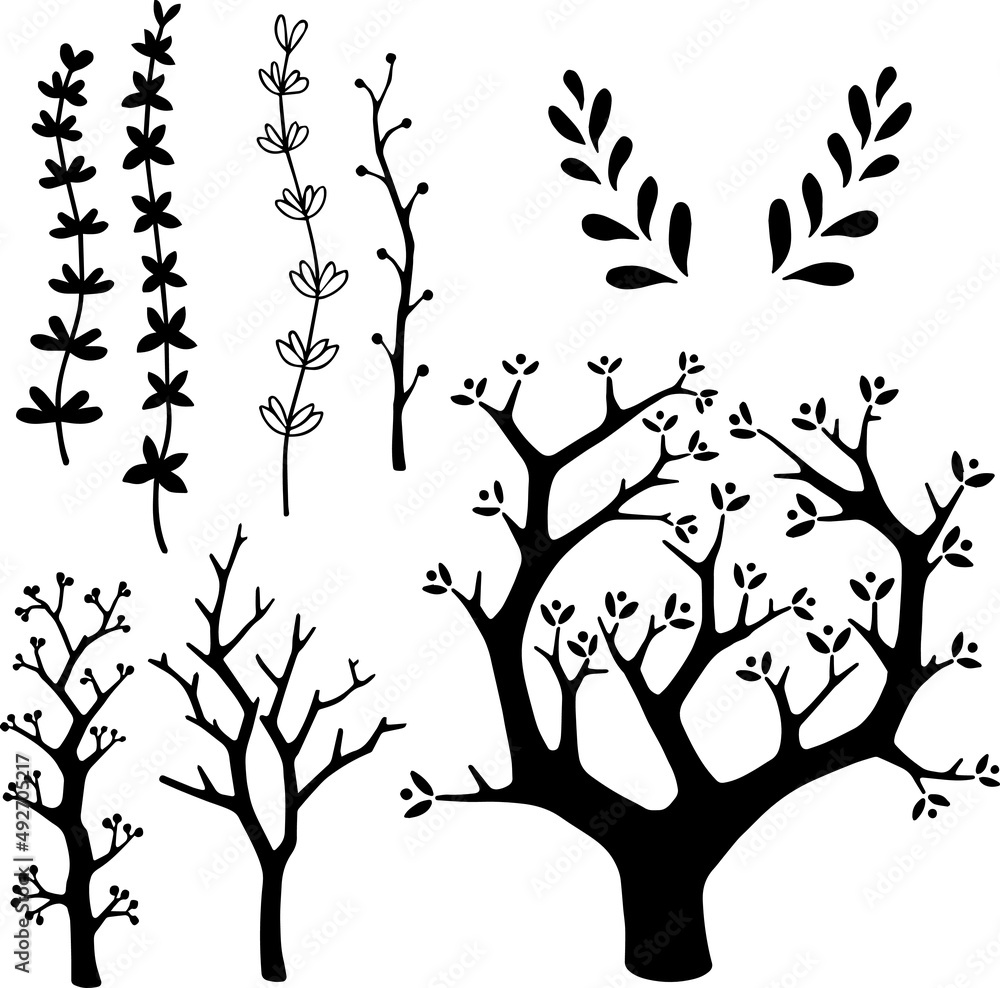 Vector. Colección elementos naturales en blanco y negro. Ilustraciones para diseño web de árbol, ramas, hojas, flores y frutos. 