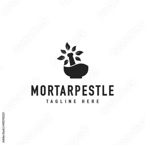 Vintage Mortar Pestle Leaf Bowl Hipster Logo Vector Design Inspiration