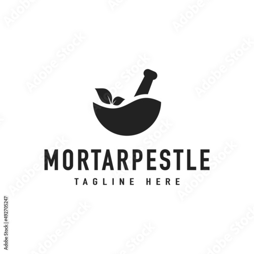 Vintage Mortar Pestle Leaf Bowl Hipster Logo Vector Design Inspiration
