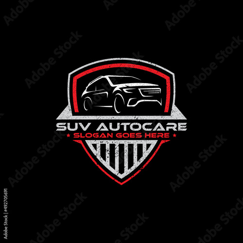 SUV car Auto care logo shield designs, vintage retro logo for automotive or car modification