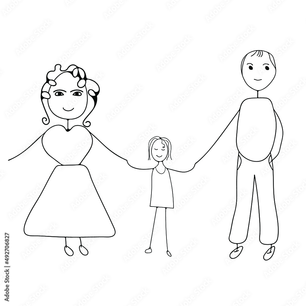 Happy cartoon family of three: mom, dad, daughter.