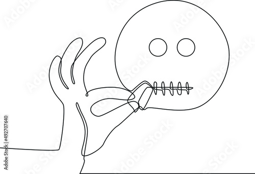Simple continuous line drawing Emoticon zipping his mouth. zipper mouth emoji face icon. Vector illustration on white background. 