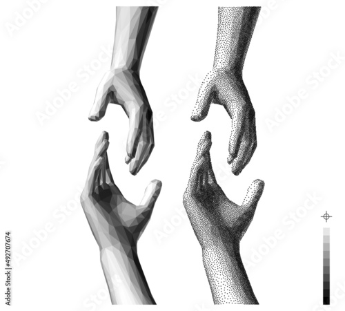 Hands reaching towards each other. Concept of human relation, togetherness or  partnership. 3D vector illustration. Can be used for advertising, marketing or presentation.