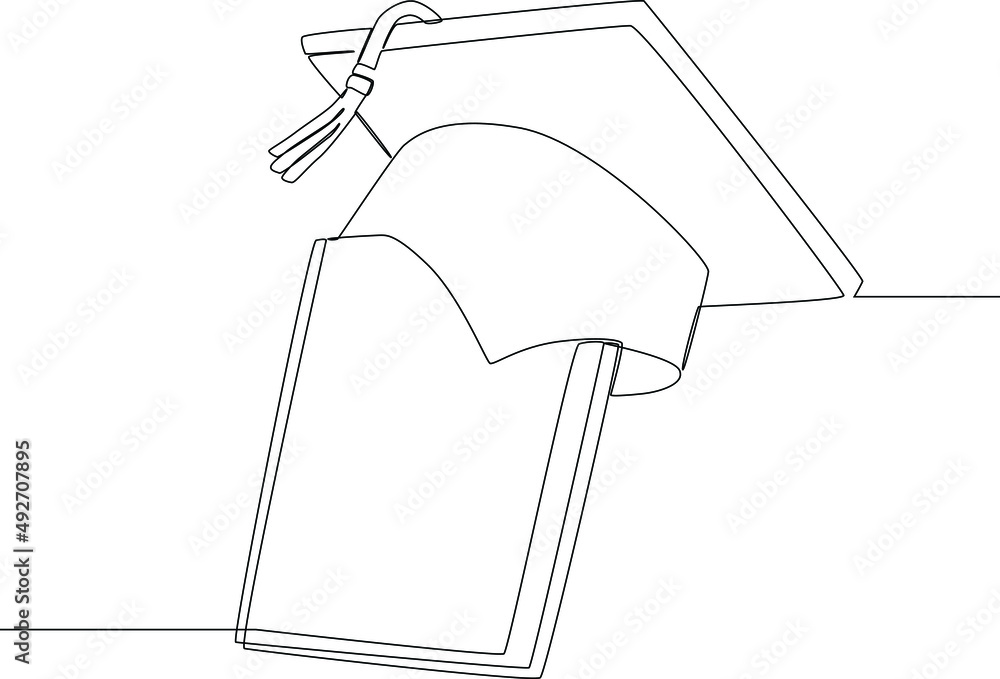 Obraz premium Continuous line drawing of a graduation cap on the text book. Congratulations graduates. Vector illustration for degree ceremony.
