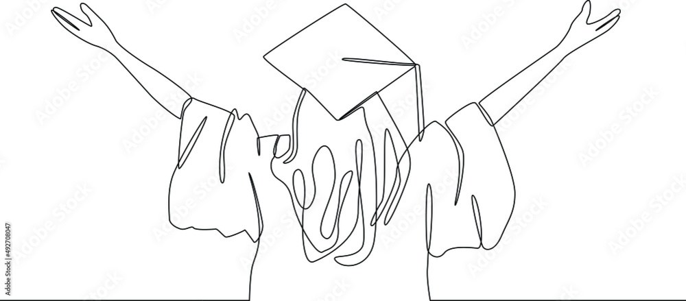 Continuous line drawing of a girl student hands up two hand because she has graduated. Vector illustration. Continuous line drawing of a girl student hands up two hand because she has graduated. Vector illustration.